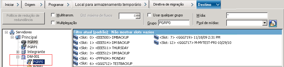 Guia Destino do Gerenciador de backup. A mídia selecionada está associada ao dispositivo conectado ao servidor do movimentador de dados.