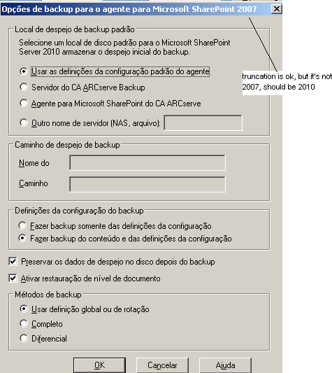 Caixa de diálogo Opções de backup no SharePoint 2010