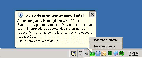 Ícone de alerta de manutenção na bandeja do sistema do Windows.