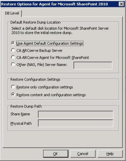 Opções de restauração do agente para SharePoint 2010