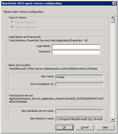 Caixa de diálogo Restaurar definições da configuração no SharePoint Server 2010