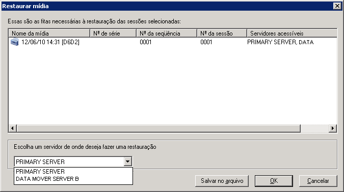 Caixa de diálogo Restaurar mídia. É possível restaurar os dados de backup dos dispositivos compartilhados diretamente na SAN, a partir do servidor principal ou do servidor B do movimentador de dados.