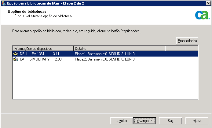 Gerenciador de dispositivos. Para alterar as configurações da biblioteca, selecione um dispositivo na lista e clique em Propriedades.