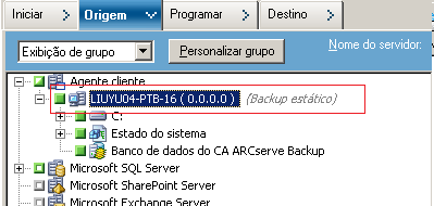 A opção Backup estático é aplicada ao computador.