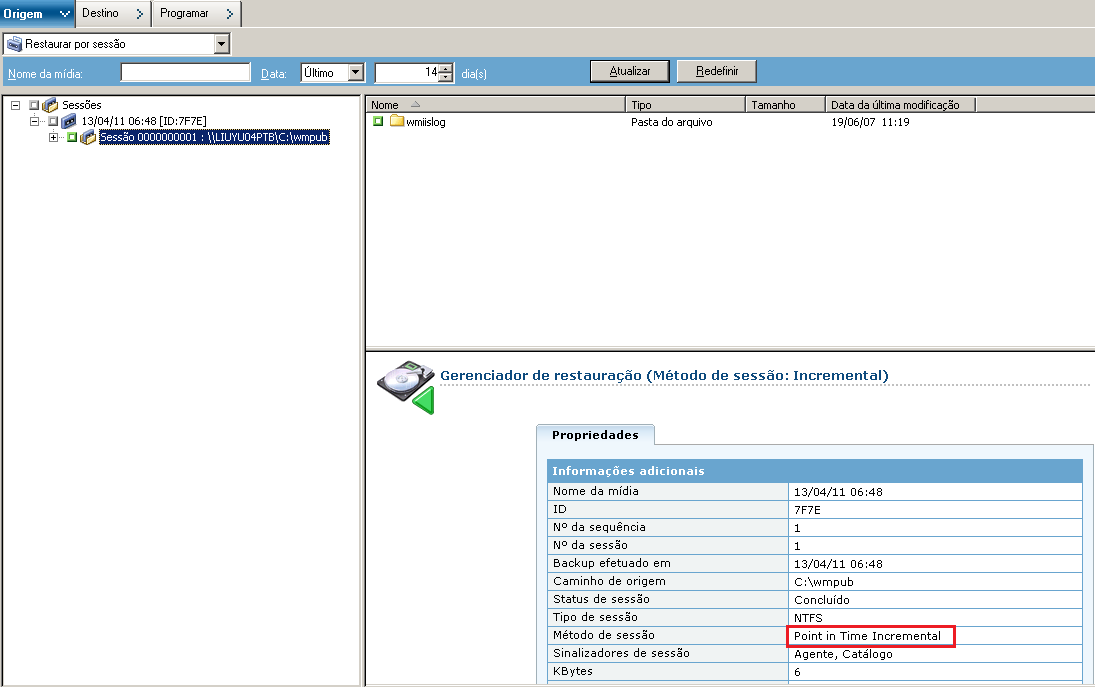 Restauração com horário definido na guia Origem exibindo sessões