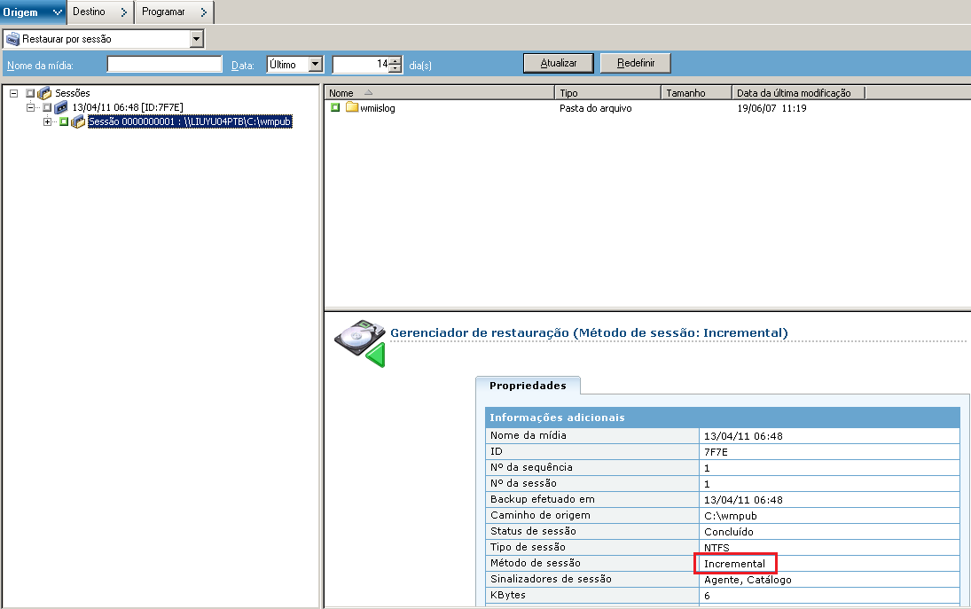 A opção Com horário definido fica desativada, e o backup diário é o incremental