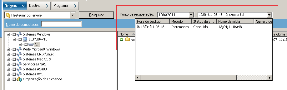Selecione uma origem para emitir a tarefa Restauração com horário definido