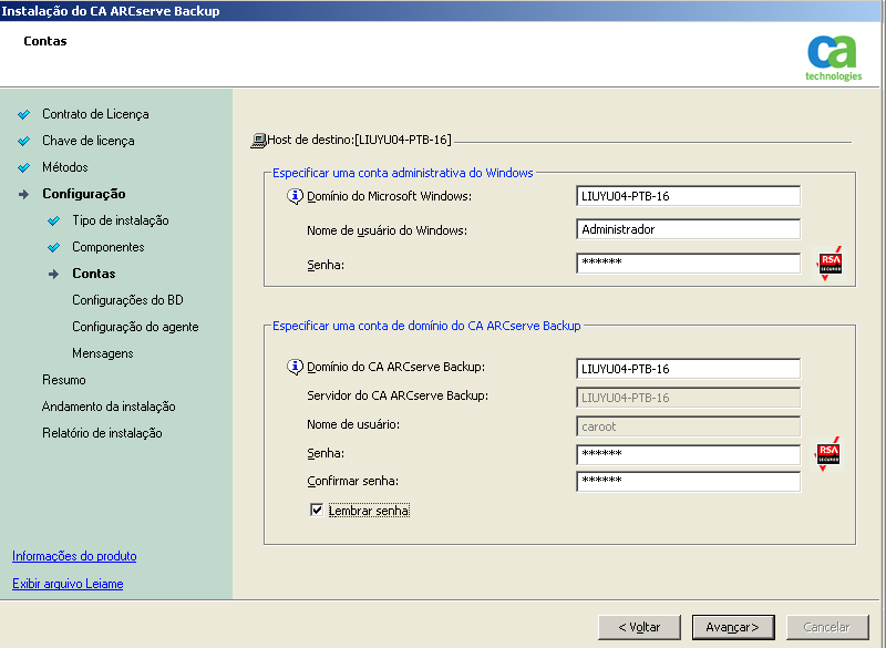 Configuração: caixa de diálogo Contas.