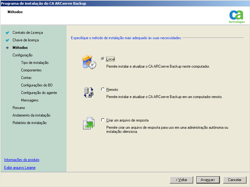 Configuração: caixa de diálogo Métodos. É especificado o método Instalação local.