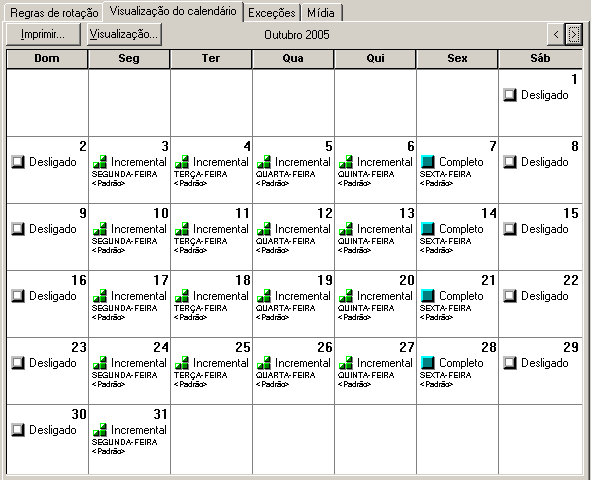 Guia Programar do Gerenciador de backup A guia Visualização do calendário está selecionada.