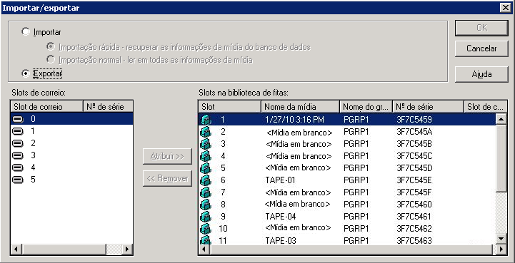 Caixa de diálogo Importar/Exportar Foram especificadas Importação e Importação rápida.