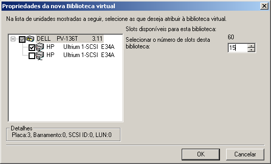 Caixa de diálogo Propriedades da nova Biblioteca virtual. Um dispositivo é especificado. A caixa de diálogo exibe o número de slots disponíveis para o dispositivo especificado.