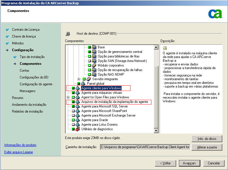 Configuração: caixa de diálogo Componentes - agente cliente para Windows e Pacotes de implantação de agente estão em destaque.