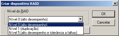 Caixa de diálogo Criar dispositivo RAID Nível 0 (alto desempenho) está selecionado.