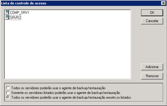 Caixa de diálogo Lista de controle de acesso do Administrador do agente de backup