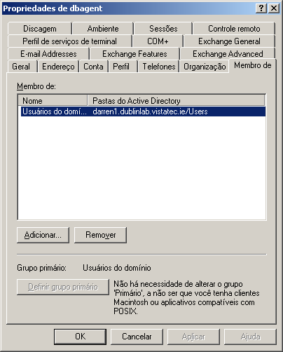 Guia Propriedades do agente de banco de dados mostrando integrante de