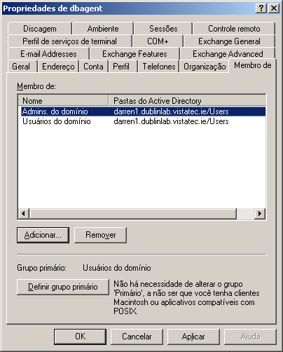 Propriedades do dbagent que mostram o integrante da guia