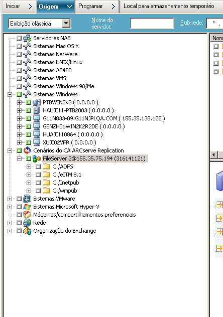 Criar tarefa de backup - Exibições de cenários diferentes