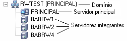 Árvore do administrador de servidores - domínio do ARCServe, servidor principal e servidores integrantes.