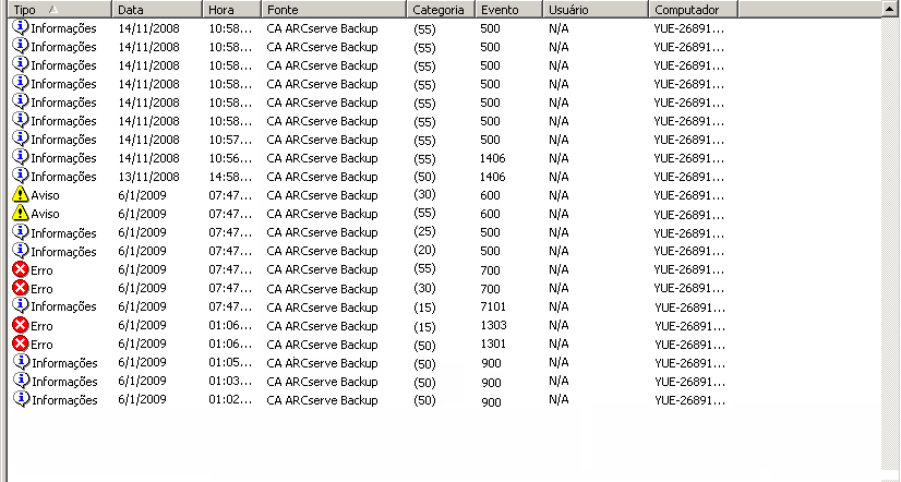 Visualizador de eventos do Windows mostrando códigos de evento do CA ARCServe Backup