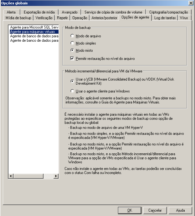 Caixa de diálogo Opções globais do gerenciador de backup com a guia Opções do agente selecionada e as opções do Agente para máquinas virtuais exibidas.