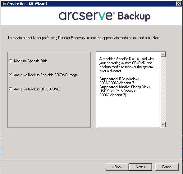 “CA ARCserve Backup 引导 CD/DVD 映像”选项