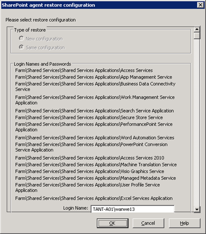 SharePoint Server 中的“还原配置设置”对话框
