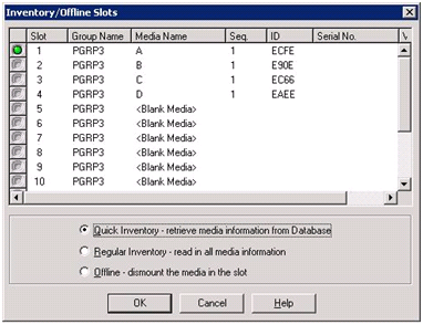 Dialogfeld "Bestandsaufnahme/Offlineslots". "Normale Bestandsaufnahme - alle Datenträgerinformationen einlesen" ist angegeben.