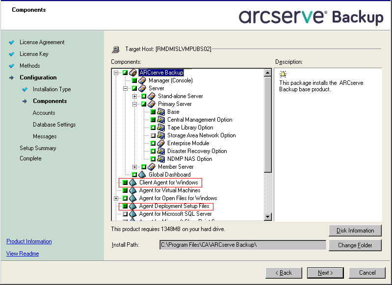 Setup: Components dialog - Client Agent for Windows and Agent Deployment Packages are highlighted.