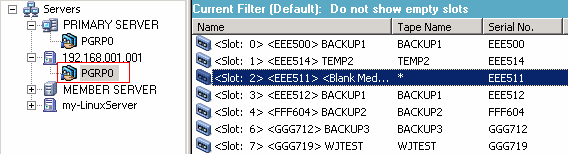 Backup Manager: The Destination tab is selected. Ein UNIX/Linux-Data Mover-Server ist ausgewählt, und das Ziel ist eine gemeinsam genutzte Bibliothek.