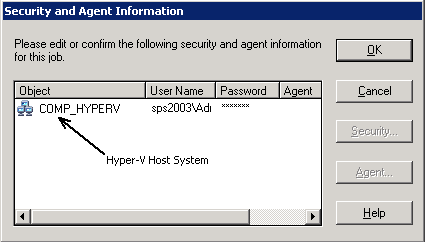 Dialogfeld "Sicherheit und Agent". Anmelden beim Hyper-V-Hostsystem