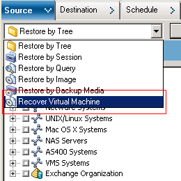 Restore Manager Window with the Source tab selected. Die Methode zum Wiederherstellen virtueller Computer ist ausgewählt.