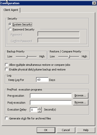 Fenster mit der Konfiguration des Backup Agent