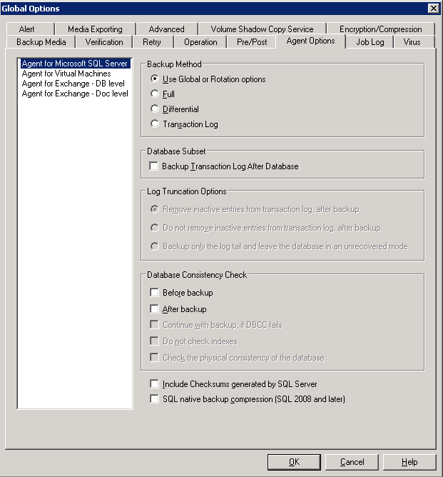 Klicken Sie die Schaltfläche "Options" in der Symbolleiste und wählen Sie dann die Registerkarte "Agent-Optionen", um auf Globale Optionen bzw. Agent-Optionen zuzugreifen.