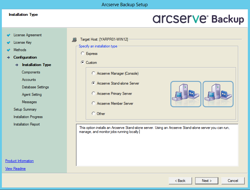 Setup: Installationstyp – Eigenständiger Arcserve-Server