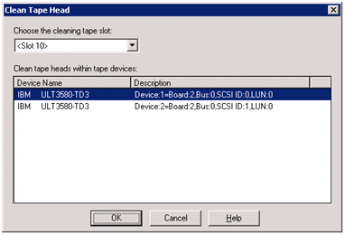 Clean Tape Head dialog. The cleaning tape slot and the device are specified.