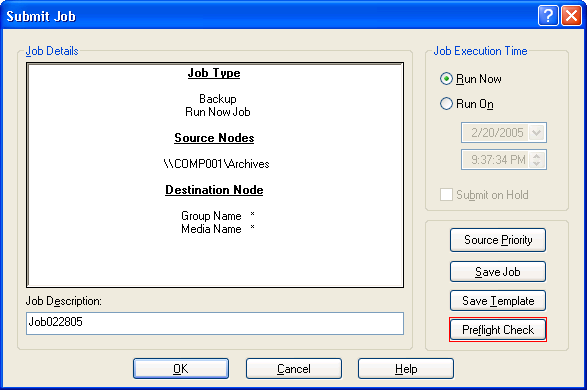 Submit Job Dialog. The Preflight Check is highlighted.