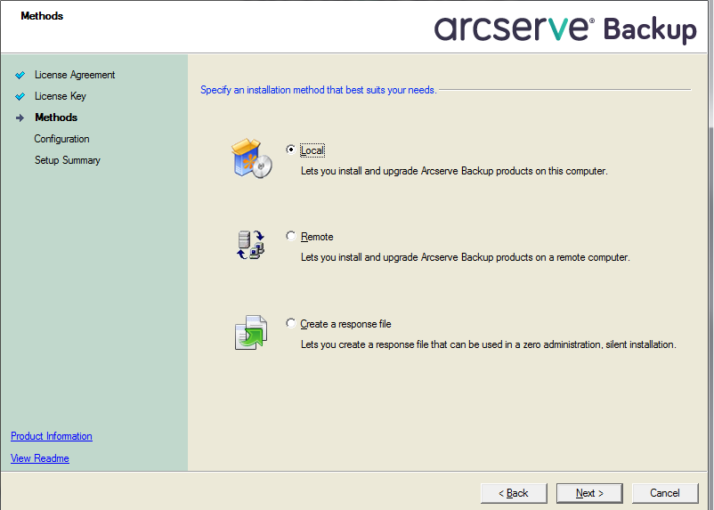 Setup: Methods - Create a response file is specified.