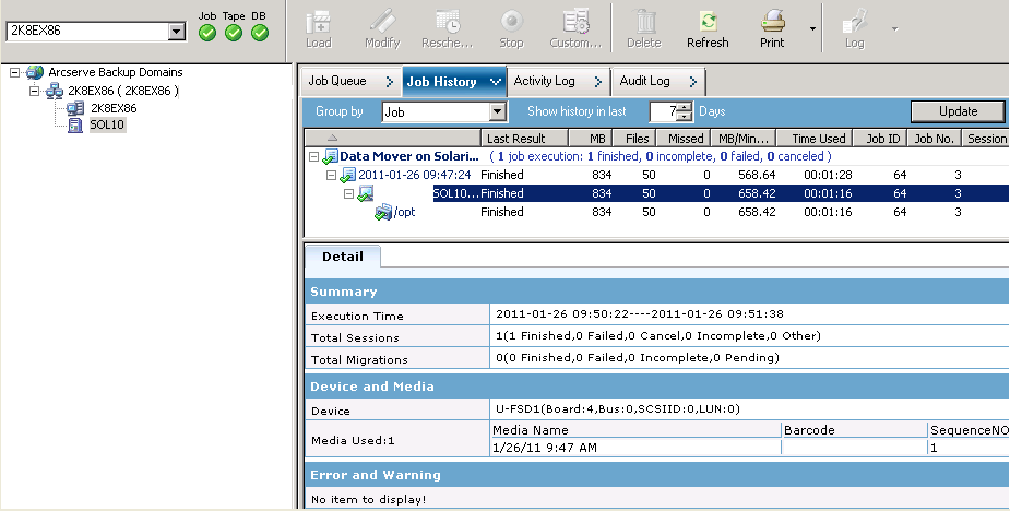 Job Status Manager. A data mover server is selected and contains job history on the Job History tab.