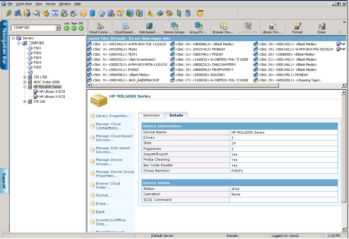 Device Manager Window. Detailed information about libraries displays.