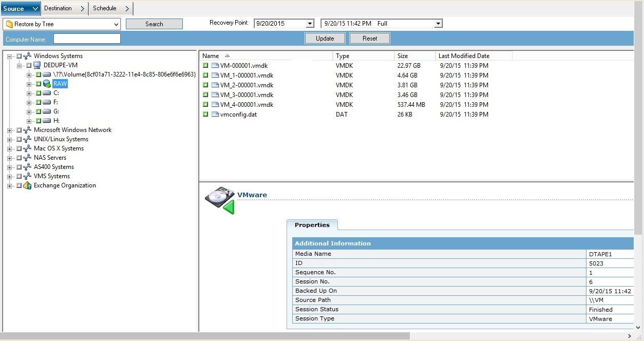 Backup Manager Window with the Source tab selected. The objects specified relate to raw (full VM) backups.