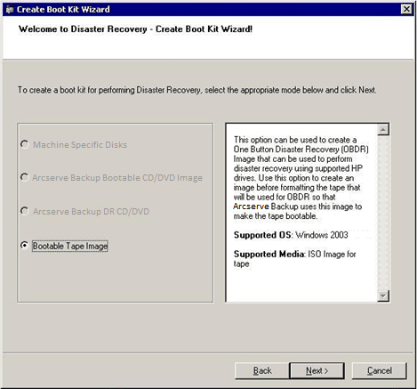 Create CA Bootable Tape Image for Windows 2003