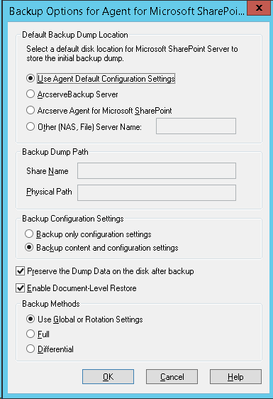 Backup Options dialog for Agent for Microsoft SharePoint