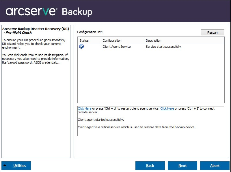 Windows PE Disaster Recovery - Preflight Check screen.