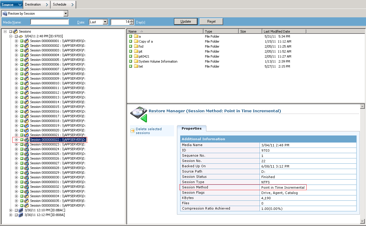 Point in Time Restore on the Source Tab displaying sessions