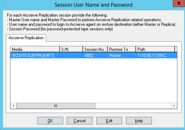 Restore by Session - Session User Name and Password dialog