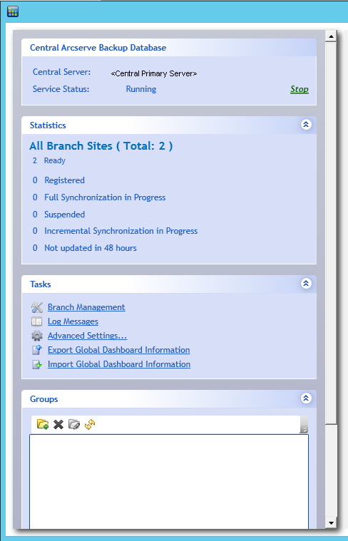 Global Dashboard Central Manager - Status and Navigation Bar