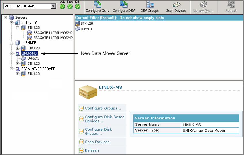Device Manager. The server directory tree contains a new data mover server.