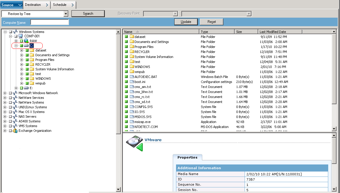 Restore Manager Window with the Source tab selected. The objects specified related to file level restores.