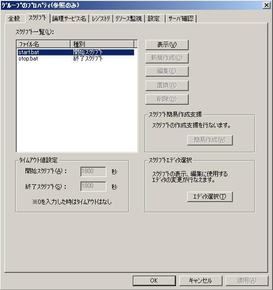 ［グループ プロパティ］ダイアログ ボックスNEC クラスタ スクリプトの編集